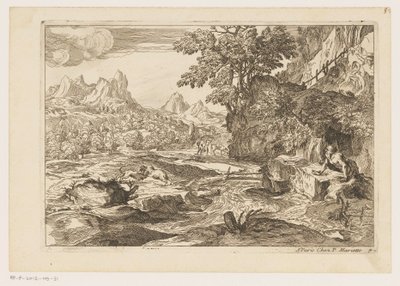 Paisaje con San Jerónimo con dos leones peleando Paisajes después de Tiziano (título de la serie) de Moise Jean Baptiste Fouard