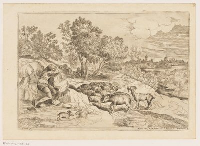 Paisaje con tres pastores descansando con un rebaño Paisajes después de Tiziano (título de la serie) de Moise Jean Baptiste Fouard