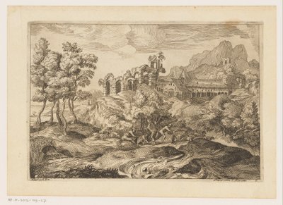 paisaje con pastores con un rebaño en una ruina Paisajes después de Tiziano (título de la serie) de Moise Jean Baptiste Fouard