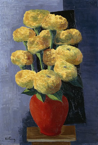 Flores amarillas en un jarrón rojo; Fleurs Jaunes dans un Vase Rouge de Moise Kisling