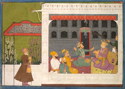 Shispul discutiendo con el padre de Rukmini, Bhishmaka, página de una serie de Rukmini Mangal, c. 1800 de Mola Ram
