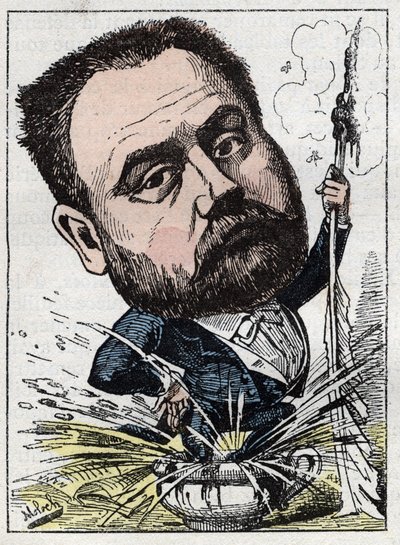 Retrato de Emile Zola (1840-1902) escritor francés en “Le Trombinoscope” por Touchatout, caricatura de B. Moloch de 1882 (1849-1909). Colección privada de Moloch