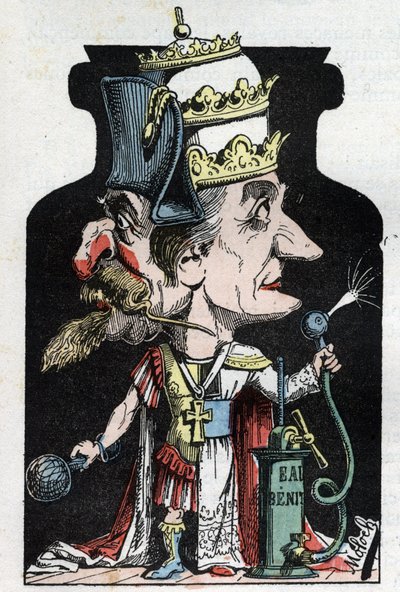 Alegoría del Concordato (firmado entre Pío VII y Bonaparte) de 1801 representado por Moloch como un dispositivo de compresión con Napoleón III y el Papa de Moloch