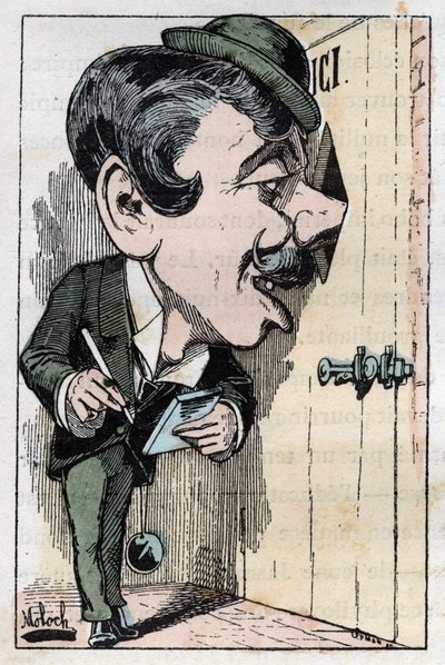 Alegoría de un "reportero" (periodista) en "Le Trombinoscope" por Touchatout, caricatura de B. Moloch de 1882. Colección privada. de Moloch