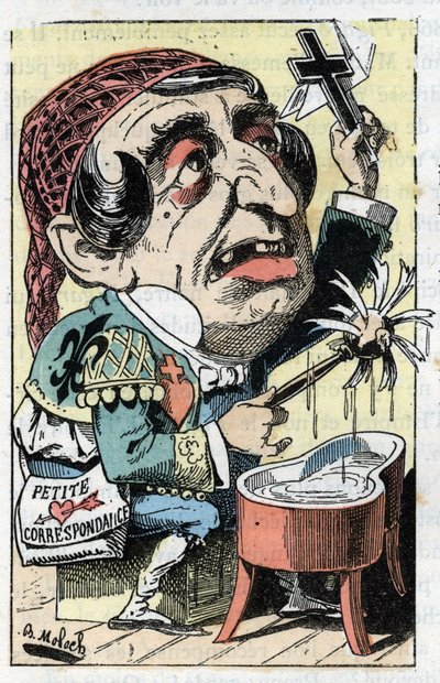Alegoría del periódico francés Le Figaro en "Le Trombinoscope" por Touchatout, caricatura de B. Moloch de 1882 (1849-1909). Colección privada de Moloch