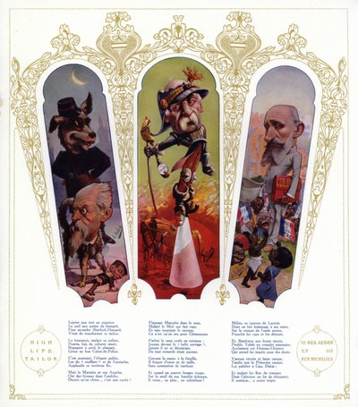 Caricaturas; Louis Lepine, Prefecto de París; Georges Clemenceau, político francés y Primer Ministro; Raphael Millies-Lacroix, político francés y Ministro de las Colonias de Moloch