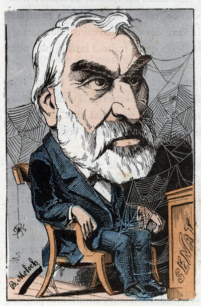 Eugène Pelletan (1813-1884), periodista literario y político francés en “Le Trombinoscope” de Touchatout, caricatura de B. Moloch de 1882 (1849-1909). Colección privada de Moloch