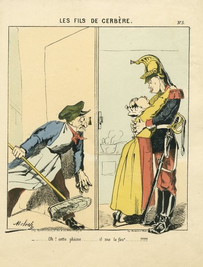 Hoja voladora, número 5, satírico en colores: Les fils de cerbere - Commune de Paris/War/Siege, Amour - Ilustración de Moloch (1849-1909) de Moloch