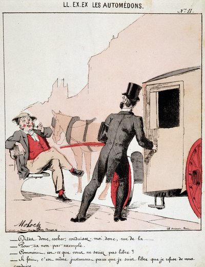 HE. EX. EX. Motoredons: Caricatura del transporte en la ciudad. Un burgués le pide a un cochero que lo lleve a una calle y se sorprende de que se niegue ya que está libre, le pregunta por qué. El conductor dice que es precisamente porque es libre de sus el de Moloch