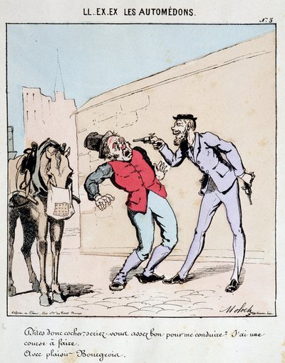 HE. EX. EX. Motoredons: Caricatura del transporte en la ciudad. Un burgués pide educadamente a un cochero que lo lleve mientras lo amenaza con pistolas. Dibujo de Moloch (1849-1909), alrededor de 1860. de Moloch