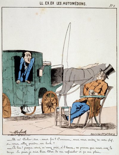 HE. EX. EX. Motoredons: Caricatura del transporte en la ciudad. Un cochero paga a tiempo y se detiene en un café para tomar una cerveza bajo las burlas del burgués que lleva. Dibujo de Moloch (1849-1909), alrededor de 1860. de Moloch