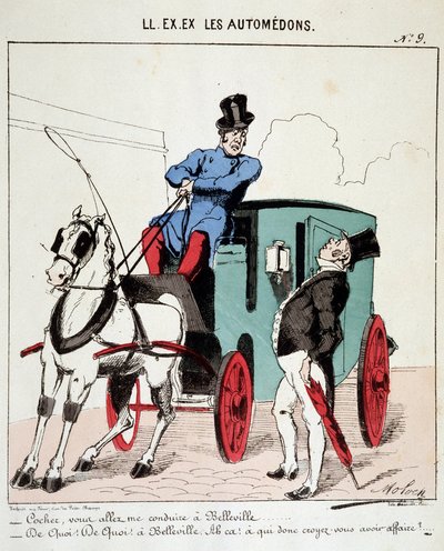 HE. EX. EX. Motoredons: Caricatura del transporte en la ciudad. Un cochero se niega a llevar a un burgués a Belleville (Barrio de París). Dibujo de Moloch (1849-1909), alrededor de 1860. de Moloch