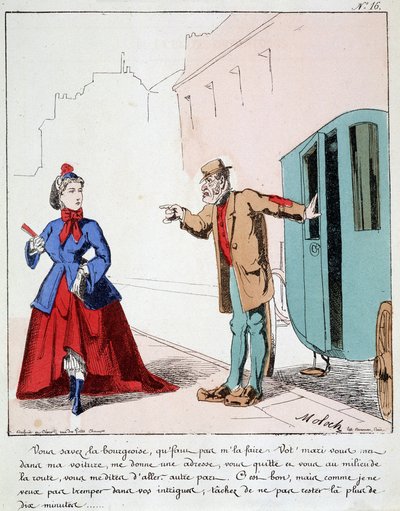 HE. EX. EX. Motoredons: Caricatura del transporte en la ciudad. El cochero reprende a una burguesa que va al parque mientras su esposo pidió al conductor que la llevara a otro lugar. Dibujo de Moloch (1849-1909), alrededor de 1860. de Moloch