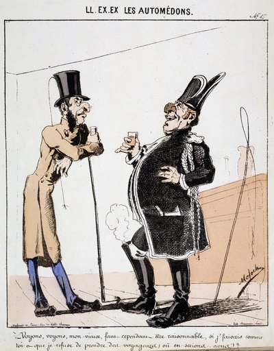 HE. EX. EX. Motoredons: Caricatura del transporte en la ciudad. Dos cocheros conversan sobre un vaso de alcohol en lugar de llevar pasajeros. Dibujo de Moloch (1849-1909), alrededor de 1860. de Moloch