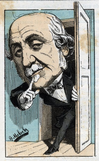 Retrato de Albert, Duque de Broglie (1821-1901), historiador y político francés en "Le Trombinoscope" por Touchatout, caricatura de B. Moloch de 1882. Colección privada. de Moloch
