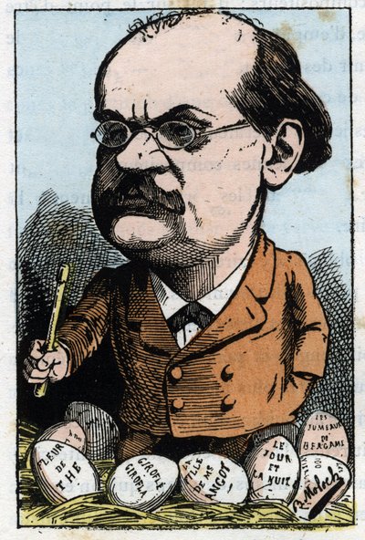 Retrato de Alexandre Charles Lecocq (1832-1918), compositor francés en “Le Trombinoscope” por Touchatout, caricatura de B. Moloch de 1882 (1849-1909). Colección privada de Moloch