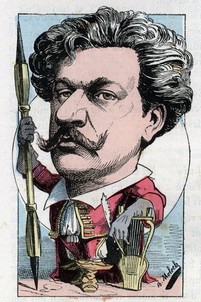 Retrato de Louis Alexandre Gosset de Guines llamado Andre Gill (1840-1885) poeta y pintor francés en “Le Trombinoscope” por Touchatout, caricatura por B. Moloch de 1882 (1849-1909). Colección privada de Moloch