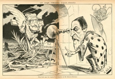 La imagen de la risa, número 4, circa 1897_11_13 - Ilustración de Alphonse Hector Columbus, conocido como B. Moloch o Moloch (1849-1909): Un ángel desconocido - Asunto Dreyfus, Isla del Diablo - Dreyfus Alfred, Scherer-Kestner Auguste de Moloch