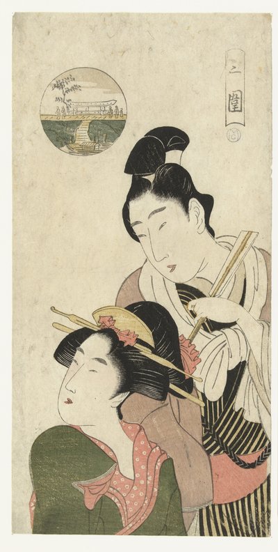 Hombre y mujer pensando en visitar Mimeguri Mimeguri (título sobre objeto) de Momokawa Chôki (attributed to)