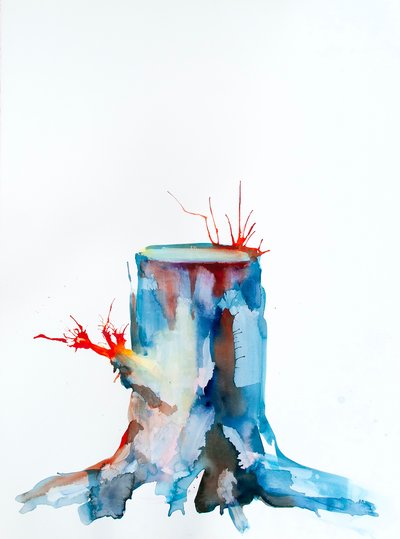 Red Shoots, 2020 (tinta, zumo de remolacha y acuarela sobre papel Bockingford) de Monica Perez Vega