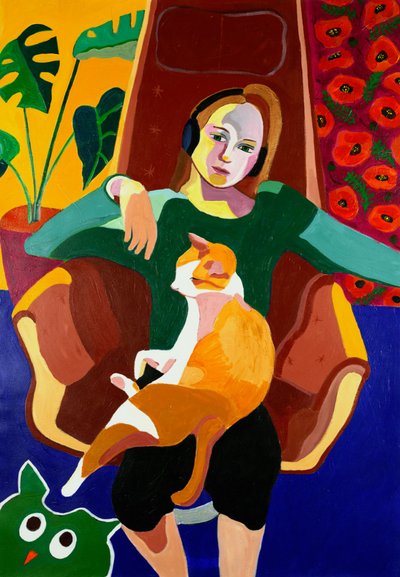 Una chica y un gato acurrucados de Monica Prentice