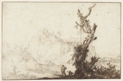 Paisaje montañoso con un árbol desnudo en primer plano de Monogrammist BVB