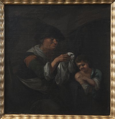 Anciana inspeccionando la ropa de un niño de Monogrammist Bijs