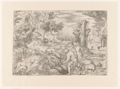Paisaje con pastor y rebaño de ovejas. de Monogrammist DB (etser 16de eeuw)