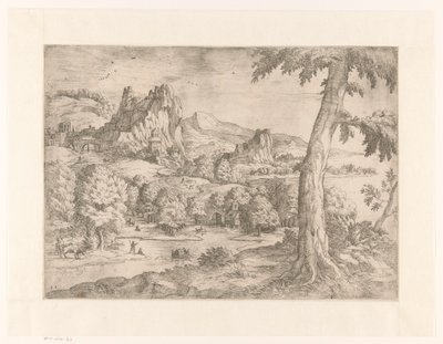 Paisaje panorámico con árbol grande de Monogrammist DB (etser 16de eeuw)