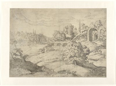 Amplio paisaje con templos clásicos de Monogrammist DB (etser 16de eeuw)