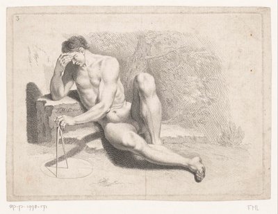 Hombre desnudo sentado con brújula de Monogrammist FML (prentmaker)