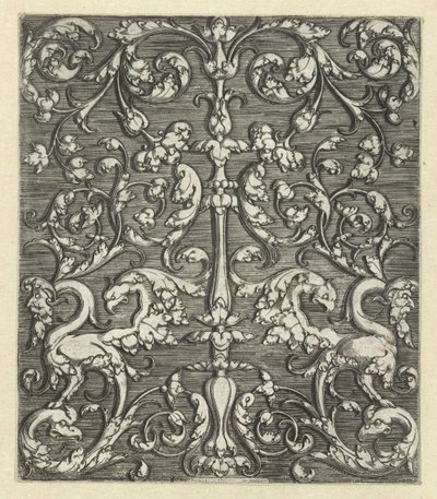 Adorno con dos animales de fantasía y candelabro de Monogrammist IG