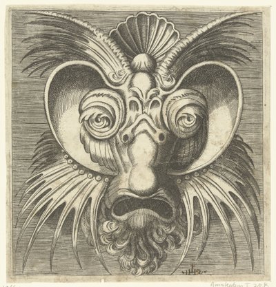 Máscara con platillos alrededor de los ojos y crestas puntiagudas en las mejillas y la frente. Libro di variate mascar (...) (título de serie) de Monogrammist IHS