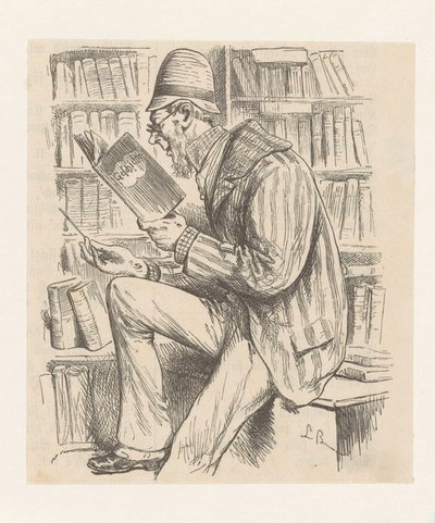 Hombre en una librería de Monogrammist LB (Duitsland 19e eeuw)