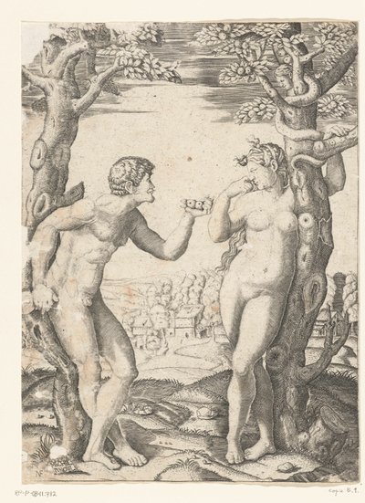 Caída de Adán y Eva en el árbol del conocimiento del bien y del mal con serpiente de Monogrammist NF (graveur)