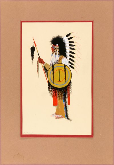 Guerrero cheyenne con tocado de plumas y escudo de Monroe Tsatoke