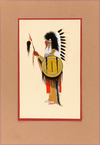 Guerrero cheyenne con tocado de plumas y escudo, ca. 1915-1937 de Monroe Tsatoke