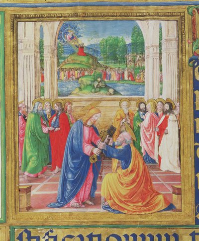 Ms 542 f.3v Cristo entregando las llaves a San Pedro, en el fondo Dios entrega las Tablas de la Ley a Moisés, de un salterio escrito por Don Appiano de la Iglesia de la Badia Fiorentina, Florencia de Monte di Giovanni del Fora