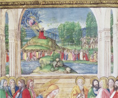 Ms 542 f.3v Moisés recibiendo las Tablas de la Ley de Dios, de un salterio escrito por Don Appiano de la Iglesia de la Badia Fiorentina, Florencia (detalle) de Monte di Giovanni del Fora