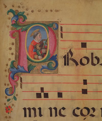 Ms 543 f.113r Inicial historiada P con San Lorenzo, de un salterio, c.1515 de Monte di Giovanni del Fora