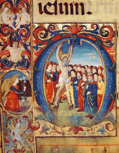 Ms 543 f.5v Inicial historiada O con la Crucifixión de San Andrés, de un salterio, c.1515 de Monte di Giovanni del Fora