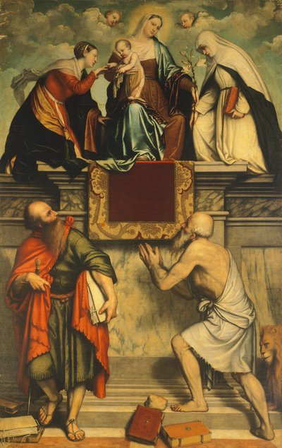Virgen entronizada con el Niño, Santa Catalina, San Pablo y San Jerónimo de Moretto da Brescia
