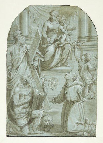 María con el niño Jesús en el trono, rodeada por el apóstol Andrés, Juan el Bautista como niño, San Jerónimo y San Francisco de Asís de Moretto da Brescia