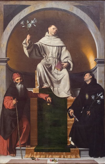 San Antonio de Padua entre San Antonio el Grande y Nicolás de Tolentino de Moretto da Brescia