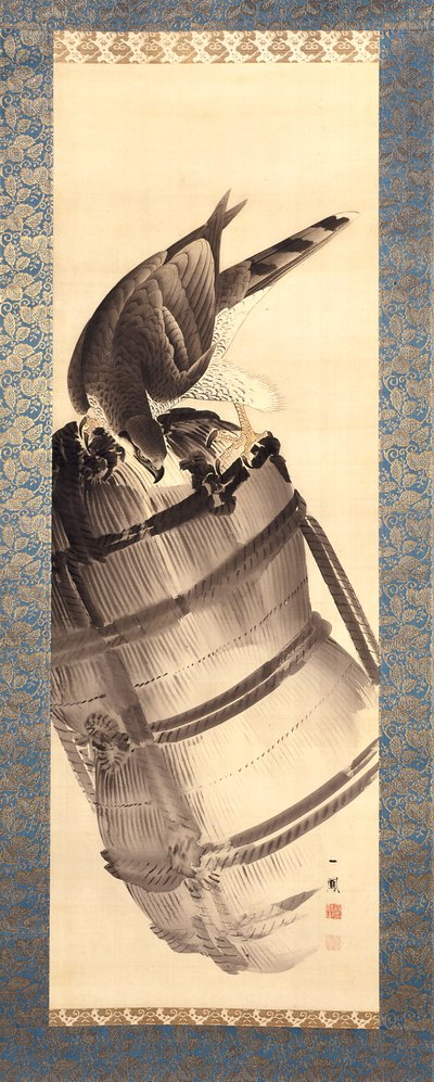 Hawk On A Straw Rice Bale (tinta y color sobre seda) de Mori Ippo