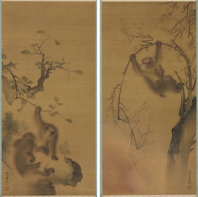 Monkeys in a Cherry Tree; Monkeys on a Rock Ledge de Mori Sosen