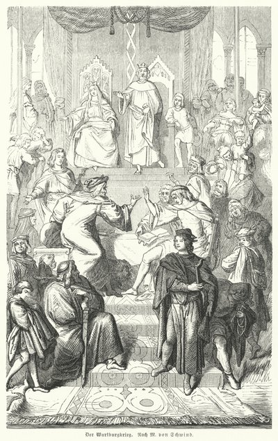 El Sangerkrieg, un concurso entre juglares en el castillo de Wartburg en Turingia en 1207 (grabado) de Moritz Ludwig von (after) Schwind