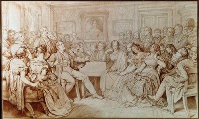El compositor Franz Schubert acompaña al tenor Johann Michael Vogl en una velada musical en la casa del Barón von Spaun de Moritz Ludwig von Schwind