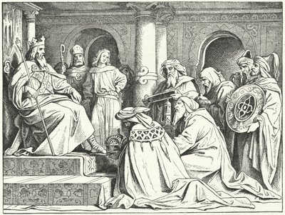 Los enviados del califa Harun al-Rashid trayendo regalos al emperador Carlomagno, 802 (grabado) de Moritz Ludwig von Schwind