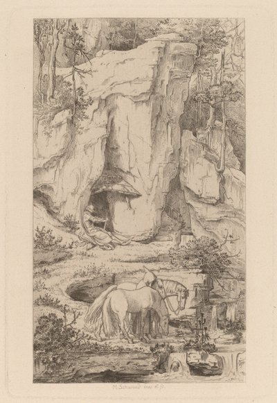 Un Monje Guiando Caballos al Agua de Moritz Ludwig von Schwind